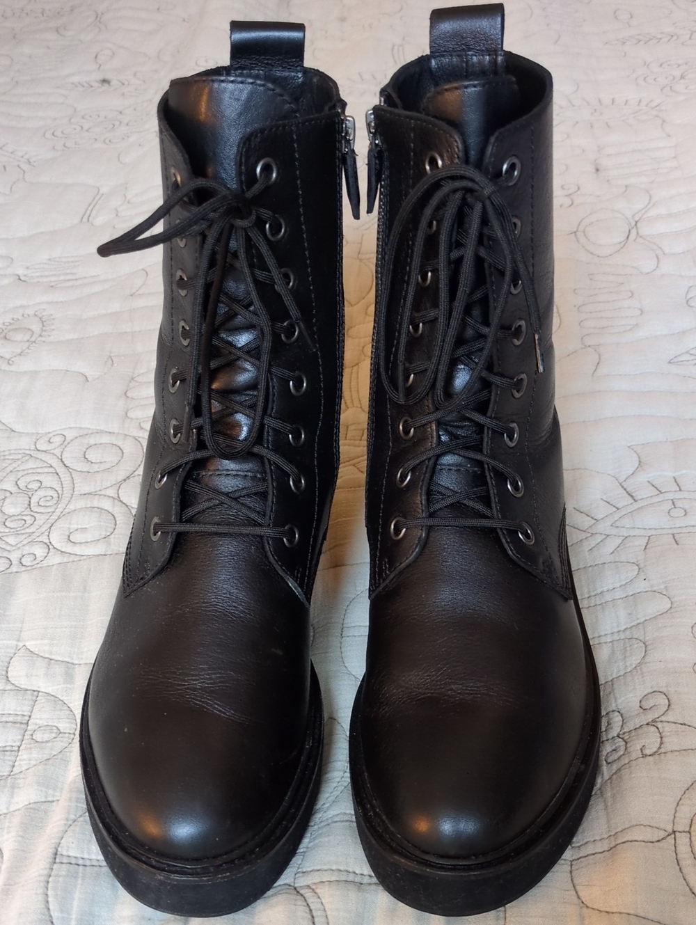 Eileen Fisher "Nelly"  Black Lace-Up Women's Combat Boots with Side Zipper